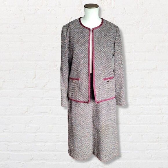 Vintage Wool Central Park Skirt Suit Brown Red Trim Jacket Size 10/12 - Picture 1 of 9